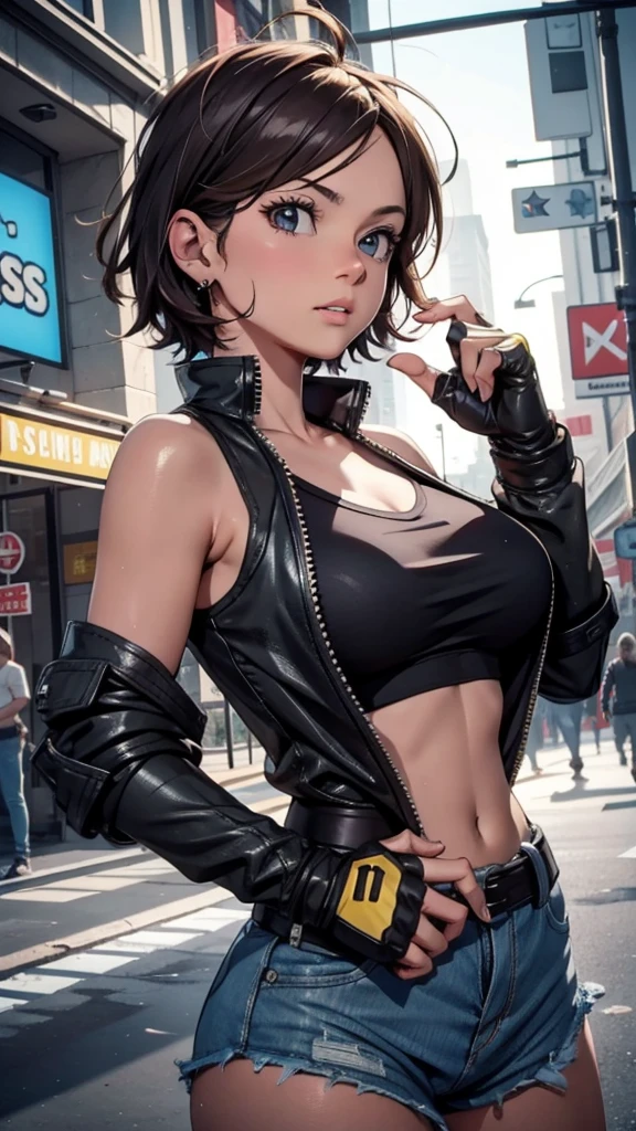 Street Dancer,Short brown hair,Bright yellow glowing eyes,Perfect Lips,Adorable cute expressions and faces,Attractive pose,Stylish fingerless gloves,Dangerous gun with bullets,Cool tank tops and jackets,Highly detailed face with long eyelashes and piercing eyes,Full-body shot showing dynamic movement,Dancing Under the Stars,A variety of trendy decorations,A rock girl who exudes an aura of danger and charm.