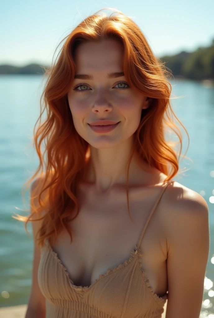 Emily Richardson, 1girl, solo, (((consistent face and image))), ((red hair)), ((20 years old)), realistic, photorealistic, (red ((cranky)) hair), short hair, (((Caucasian mature woman))), (Swiss woman), (Swiss nose), (Swiss thick lips), posing outside the French Riviera: Stunning coastal views, yachts, and beaches, smirking, standing