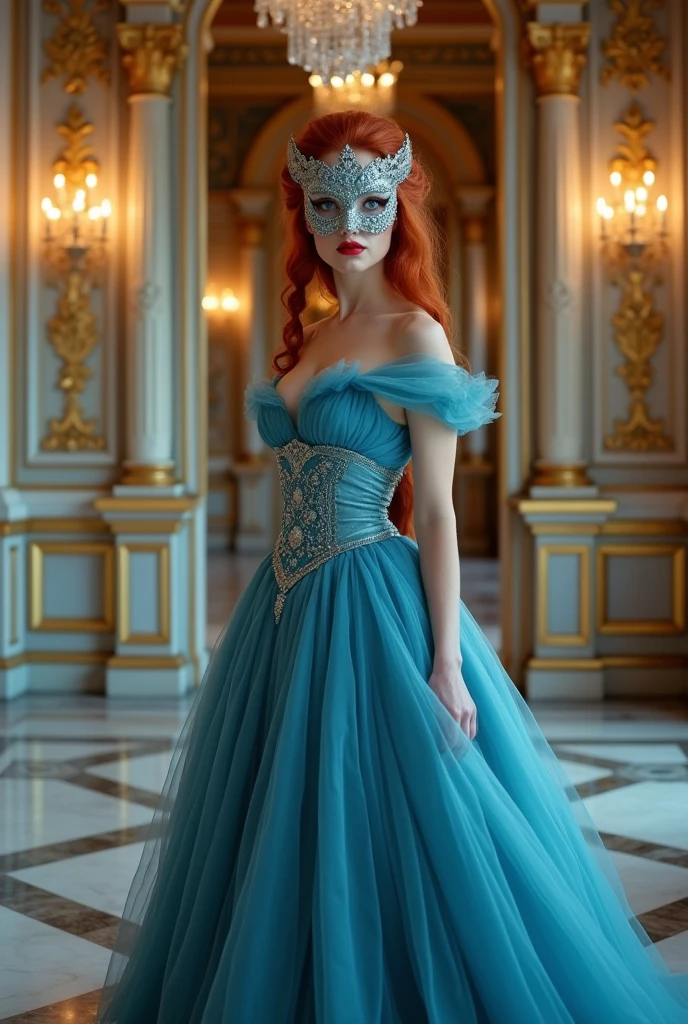 Redhead woman in long blue dress and mask ,fully body