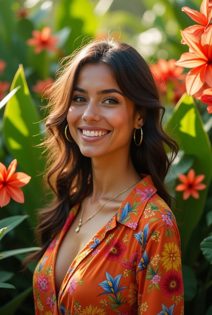 A Brazilian woman in a lush tropical garden, wearing an open shirt with a floral print, with a close-up capturing the harmonious beauty between her and the natural flowers, showing off your natural charm and outgoing personality.