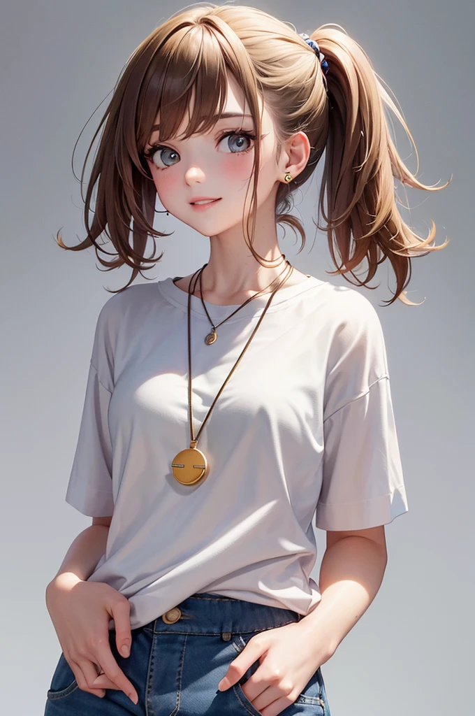 Best Quality,High resolution,8k,(plain white background, no patterns, no textures, just a plain white background:1.3),Masterpiece:1.2),beautiful girl,Shiny brown hair,messy hair,Brown eyes,oversized graphic tee with a cheerful design, paired with high-waisted shorts in a light, colorful cotton fabric with a subtle pattern. She is wearing casual sneakers with a pop of color, Accessories include a playful pendant necklace and colorful stud earrings,Gentle look,A refreshing look,smile,Best quality,Best Quality,Aesthetic and aesthetic:1.2,Best details((Super detailed))(High-definition CG illustrations),Slender body,smile,blush,cute,Scrounge,Looking up,Being spoiled,super model