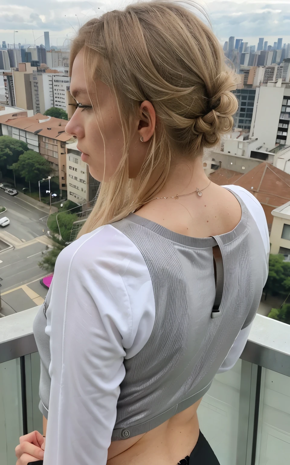 blonder woman, eyes you see, 18 year old young man , Perfect beauty, (((high qualiy))), (((Hyper-Realism))), photo taken with iPhone , perfect photo, styled hair, she has her back, looking at the view from the top of a building in sao paulo