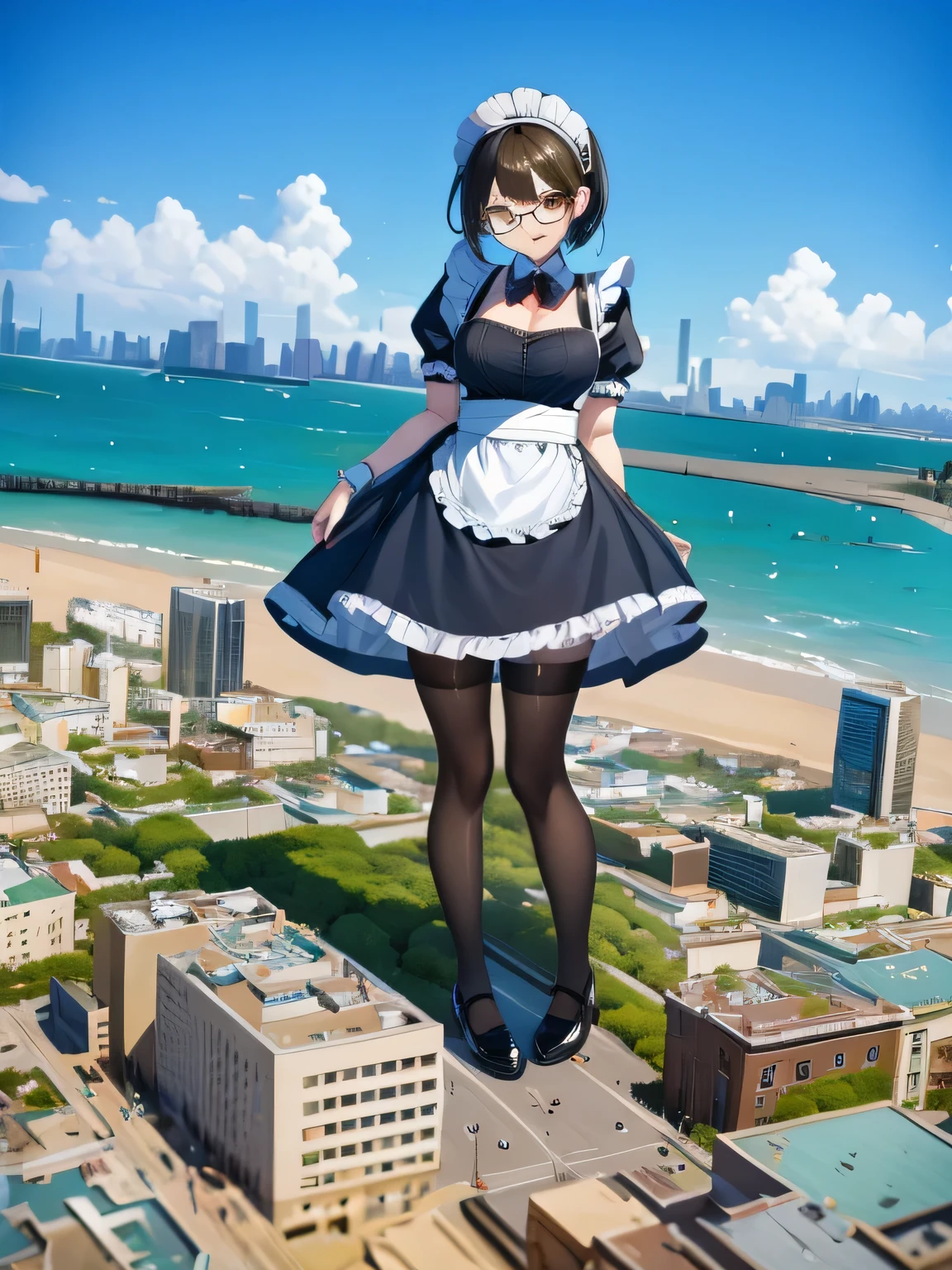 multiple girls, 3girls, standing, giantess art, highly detailed giantess shot, giantess, most detailed, perfect face, two legs, five fingers, short hair, beautiful girl bigger than a skyscraper, wearing rimless glasses, smiling, huge breasts, maid, maid outfit, black pantyhose, no shoes, toes visible through pantyhose, steam coming out of soles of feet, seaside metropolis, ocean, destroying city, under heavy attack, very small metropolis, miniature metropolis, full body depiction, GTS, giga giantess, gigagts, trampling city, crashed city, small city, micro city, pantyhose feet, high resolution, best quality, masterpiece,