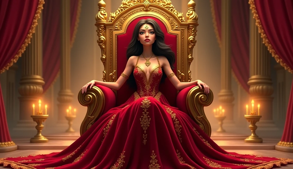 Creat a animated image of a powerful Queenn who sits on his gold and big size chair