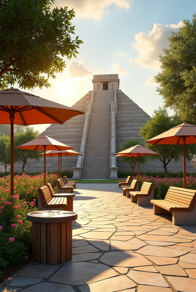 CREATE A PUBLIC BENCH INSPIRED BY THE ACAPANA PARAMIDE, INCREASE TRASH CANS AND PROVIDE SOME SHELTER FROM THE SUN, LOCATED IN A VILLAGE