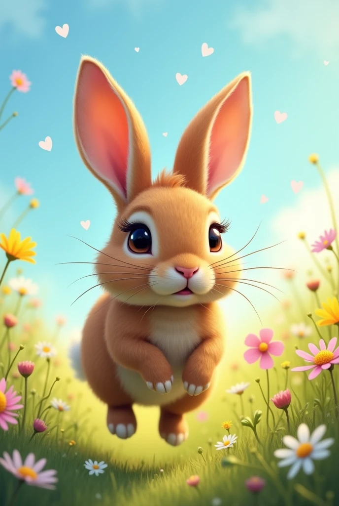 brown rabbit, with dark colored legs. He has very big floppy ears He also has very long eyelashes and has white hearts on his fur.
