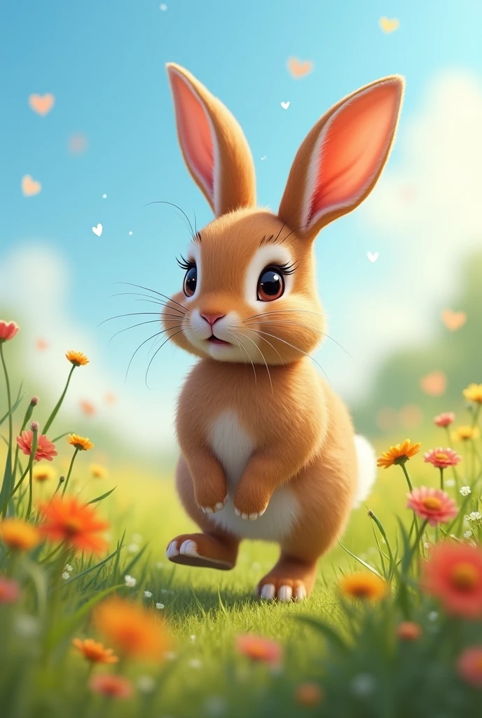 brown rabbit, with dark colored legs. He has very big floppy ears He also has very long eyelashes and has white hearts on his fur.