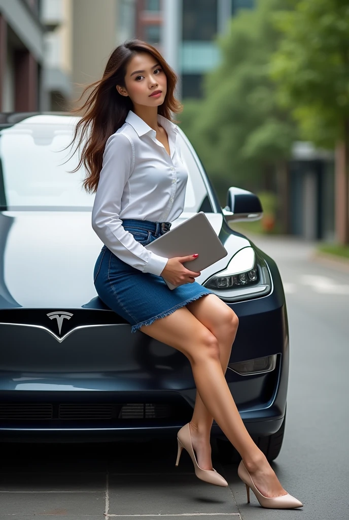 Thai woman, adult, yellow skin, brown hair, wear white shirt, deepblue skirt jeans, high heal , 4k, hold iPad, sit on tesla, on leg ourside the car