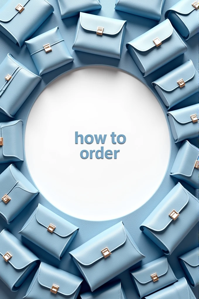 Creat a realistic image full of luxury bags around the cicle and write "how to order" in the center of the image in circle. Theme should be sky blue and white