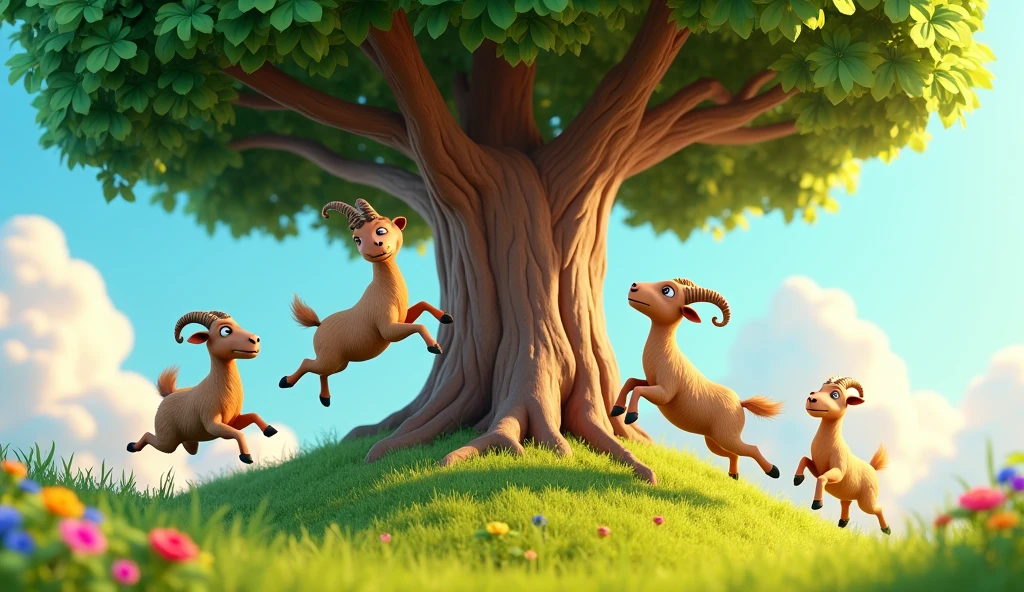Goats are jumping newr the tree 3D cartoon