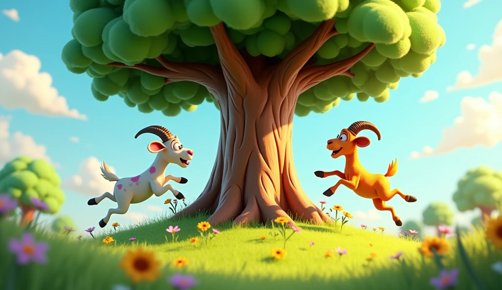 Goats are jumping newr the tree 3D cartoon