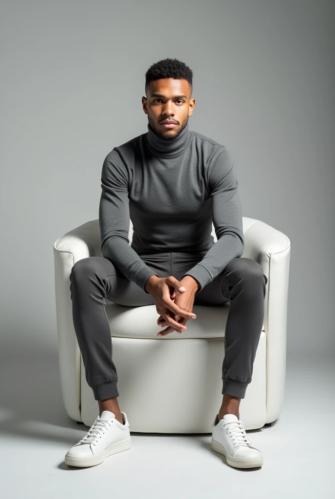 best qualityer:1.4), (ultra high resolution:1.2), (photorrealistic:1.4), (8k, CRU photo:1.2), a thin young man of 20 years old, Light brown skin, with a smooth, beardless face, with short hair, with shaved sides and a slightly curly top, similar to the fade or taper haircut style, gray long sleeve turtleneck shirt, Gray pants, White sneakers, is sitting on a white chair. You are in a photography studio with a gray background
