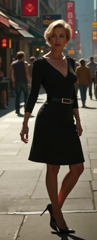45 ans, mature, bionde, cheveux courts, on street, wear skirt heels, tetas grandes; glued by two tactile and greedy men
