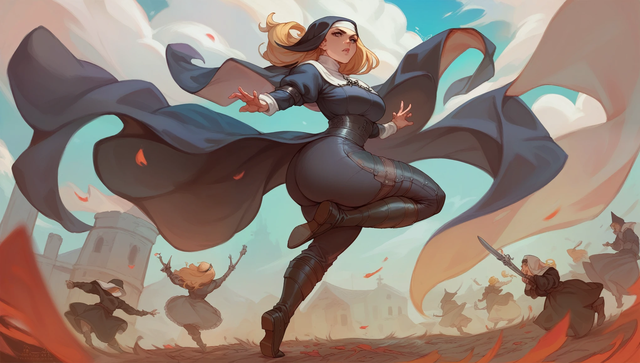 girl, battle nun, blonde hair, big breasts, big ass, MEDIEVAL CLOTHES, medieval gothic theme, full body pose