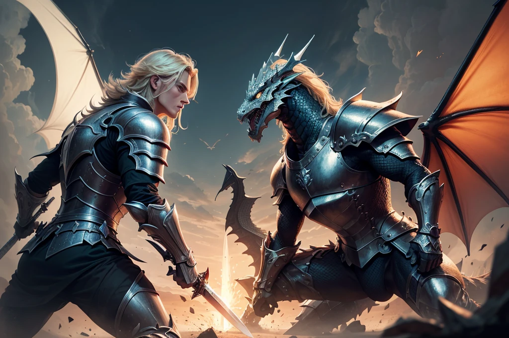 knight looking straight ahead segurando espada longa, holding the sword with both hands, lightweight armour, without a helmet, blond man, stark, fully body, battle pose, GIANT DRAGON, look of a dragon in the background, looking straight ahead, dragon head in hyper detailed background, dragon showing only its powerful gaze, olhos do dragão looking straight ahead, Conceptual art portrait with 4k resolution, absurd resolution