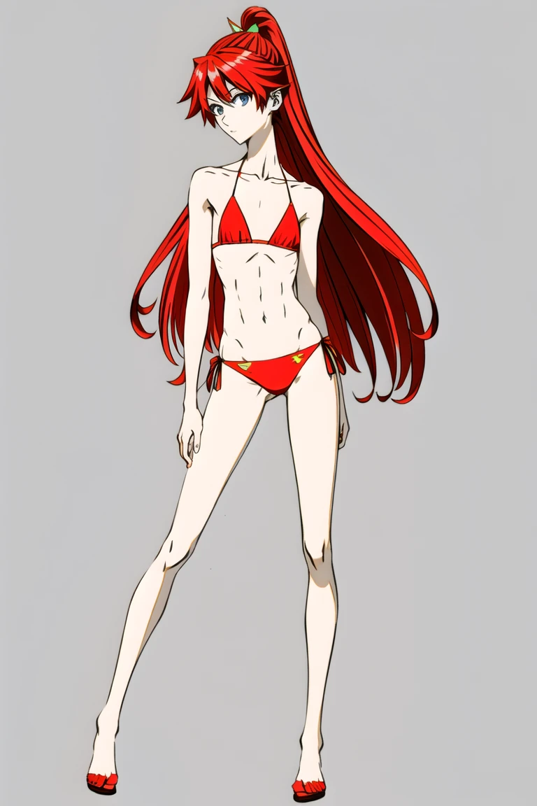 Full body portrait photography, Beautiful anorexic Asuka Langley, She looks so skinny in her bikini, Bones and ribs visible, Small and flat chest, Erect nipples, Very small waist, Thin legs, Beautiful Face, Asuka Langley profile, very, very skinny, White Background.