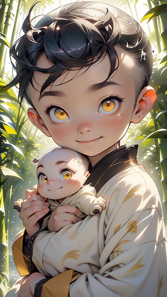 japan boy from ancient Japan,1male,boy,

A 10-year-old Chinese monk,((bald boy:1.5)), yellow, big eyes, dimple, smile, Buddha beads in hand, has his hands crossed,monk, desire to achieve enlightenment, nirvana, yellow and orange theme clothes,(((yellow_eyes:1.3))),intricate eyes,beautiful detailed eyes,symmetrical eyes,big eyes:1.5,((((lustrous skin:1.5,tanned skin,bright skin: 1.5,skin tanned,shiny skin,very shiny skin,shiny body,Reflective skin)))),

looking at viewer,centered,scale to fit dimensions,Rule of thirds,

outdoors,(waterfall,bamboo,river,snow bamboo forest,japanese temple,red lanterns burning,temple in the snow forest,mossy stairway in the temple,dilapidated temple,bamboo sanctuary,),scenery,extremely scenery,winter,scenery:1.25,((intricate scenery)),((snow bamboo forest background)),

(Glossy winter ornaments),highres,sharp focus,(ultra detailed,extremely detailed),(photorealistic artwork:1.37),(extremely detailed CG unity 8k wallpaper),(((vibrant colors,vibrant theme))),(intricate),(masterpiece),(best quality),artistic photography,(photography taken by sldr),(intricate background),perfect rendered face,perfect face details,realistic face,photo realistic,((intricate detail)),(((realism))),

