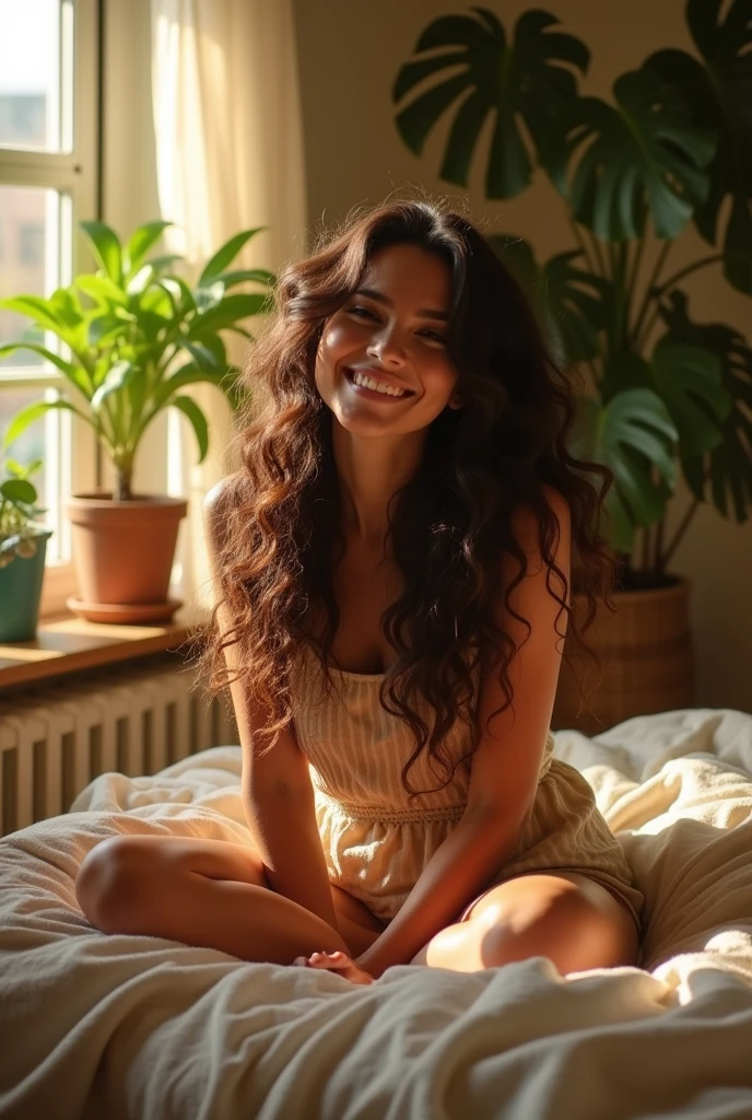 (videorealism:1.2), beautiful woman smiling, sitting on bed, wear hot, long curly hair, indoors, soft lighting, plants in background, window with sunlight, cozy room, relaxed pose, realistic, intricate details, warm colors, she's name davida