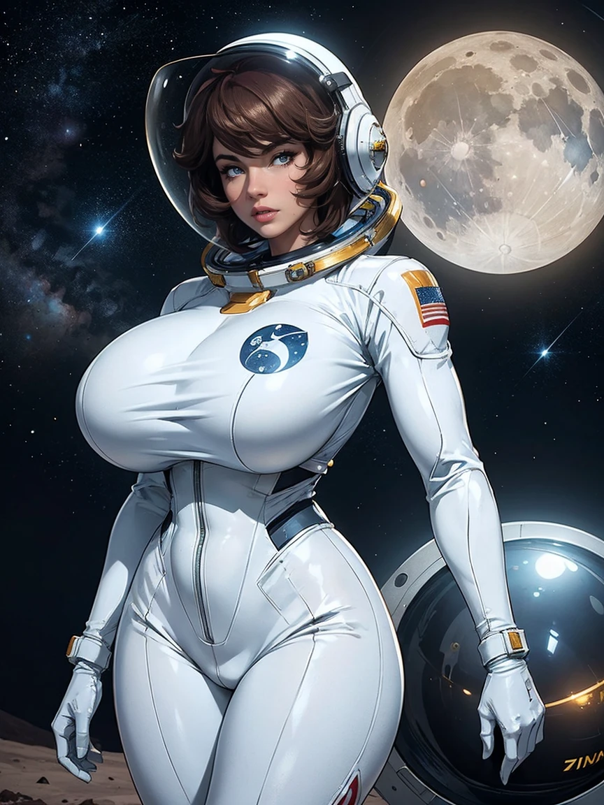 Gorgeous and sultry busty athletic (thin) astronaut with sharp facial features wearing a white space suit, opaque space helmet, gold visor, spacesuit, bodysuit, ray gun, jetpack, spaceship, 1960's, space, lunar surface, moon, earth rise, Earthrise, space, stars, American flag, huge boobs