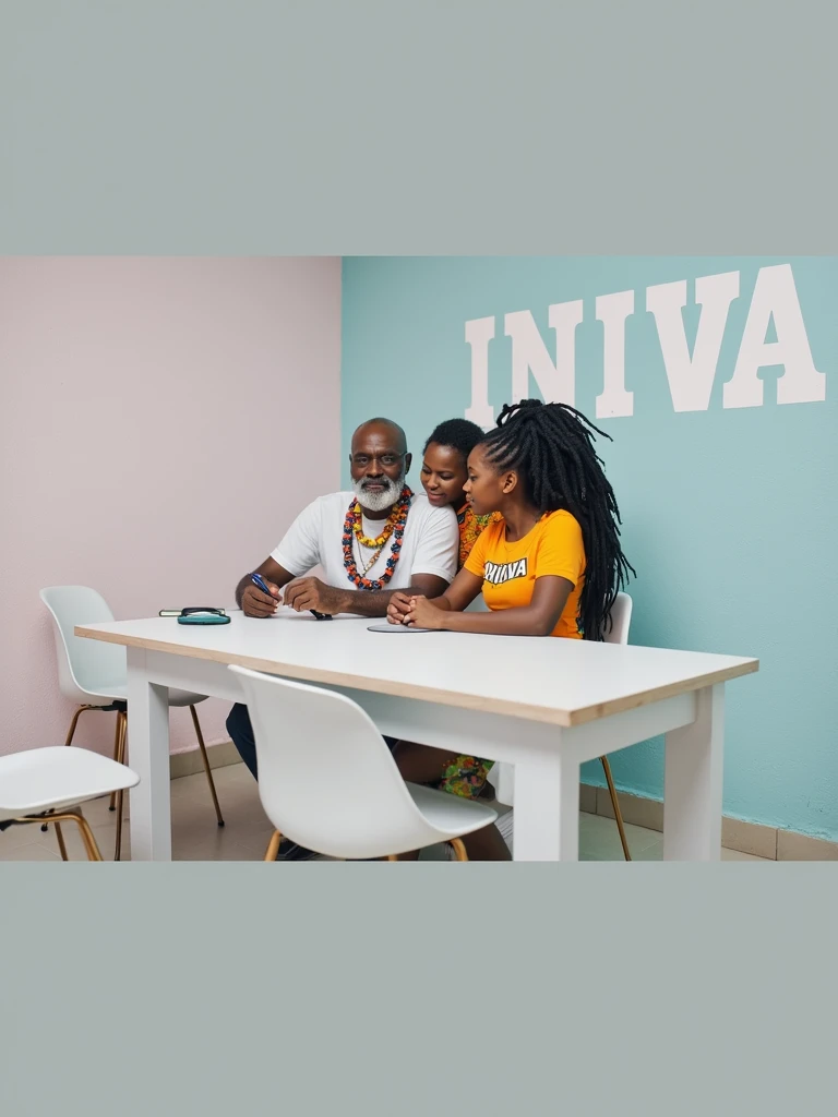 Une image d'une salle de travail à l'université INIVA. Met Bayi Afro-américain âgé de 74 ans, cheveux long, Moustaches, barbes blanches. Longue En compagnie de manbo Gessie Afro-américaine, 54 ans, Portant habit traditionnel et des colliers haïtiens, dreadlocks. Deux jeunes étudiants à INIVA portant t-shirt coloré avec le logo INIVA. Afro-américaine, Âgée de 20 à 30 ans. Salle colorée, Murs tableaux vèvès haïtiens. Image captivante ecrire sur le mur INIVA, les t shirts