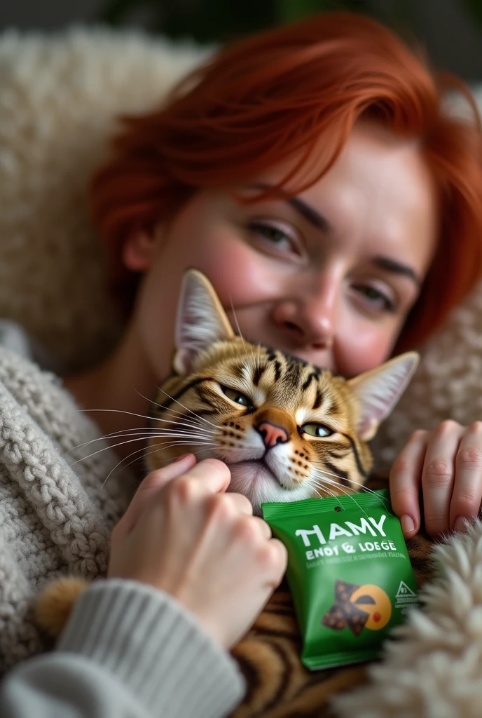 RED HAIRED woman WITH shorth hair is sitting on the sofa, holding an empty GREEN TREAT PACKAGE in her hand while petting a cat next to her. The scene has been captured using a Canon eos r5 camera. It's a close-up shot of both the woman and cat. A blurred background can be seen. The style of the photo is in the style of a casual snapshot.