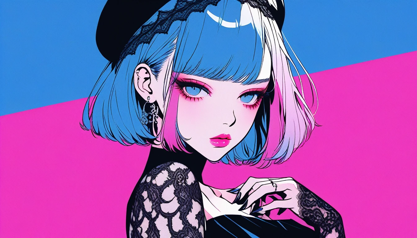 Illustrator, anime , realistic ,draft , 1 person, model, lips, A sheer, short black gothic dress with lots of lace..., command, Gradient blue and pink background, Neon hair color, big breasts, ทั้งdraftกาย, Look behind, Look sexy, t-pose, Texture Trim, Russia, (Masterpiece,Highest quality)