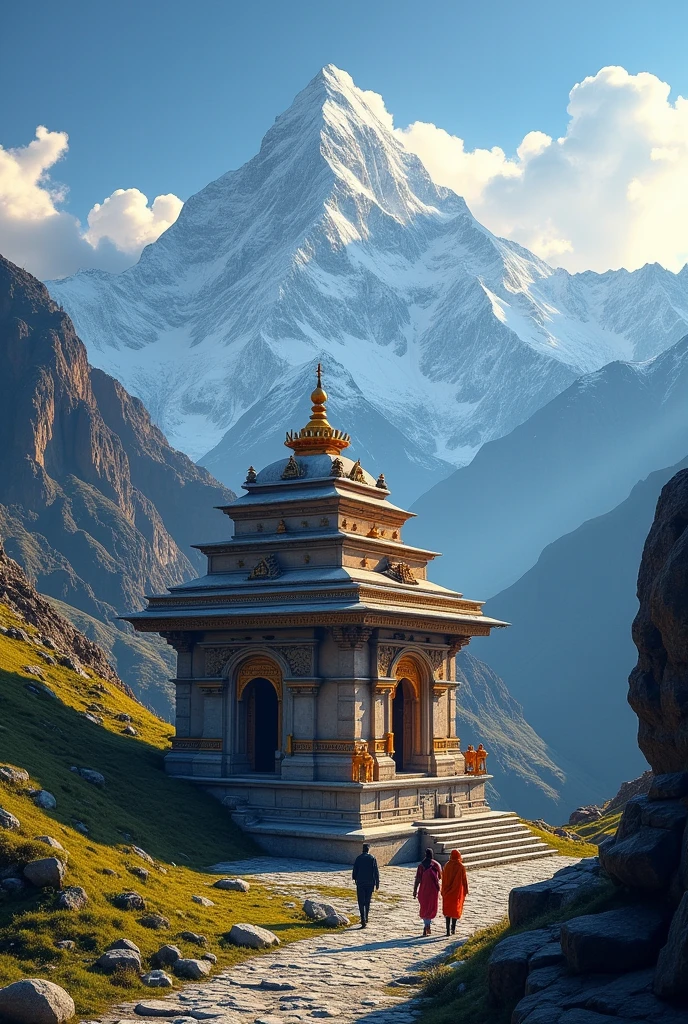 Create a stunning image of the Kedarnath Temple, set against the majestic backdrop of the Himalayas. Capture the temple's intricate architecture, with its stone carvings and traditional design, bathed in the warm glow of a sunset. Include lush green valleys and snow-capped peaks surrounding the temple, with a clear blue sky dotted with soft clouds. Add a few pilgrims in traditional attire to convey a sense of spirituality and reverence, while ensuring the scene evokes tranquility and awe."