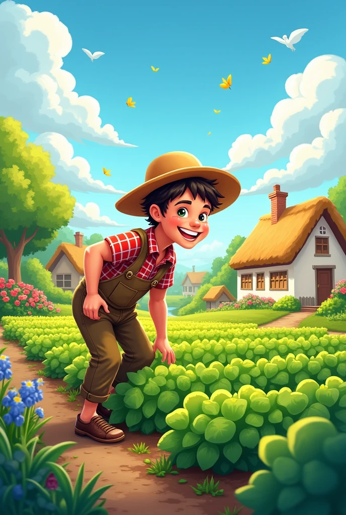 Village man farming cartoon image and more scenery of the same man