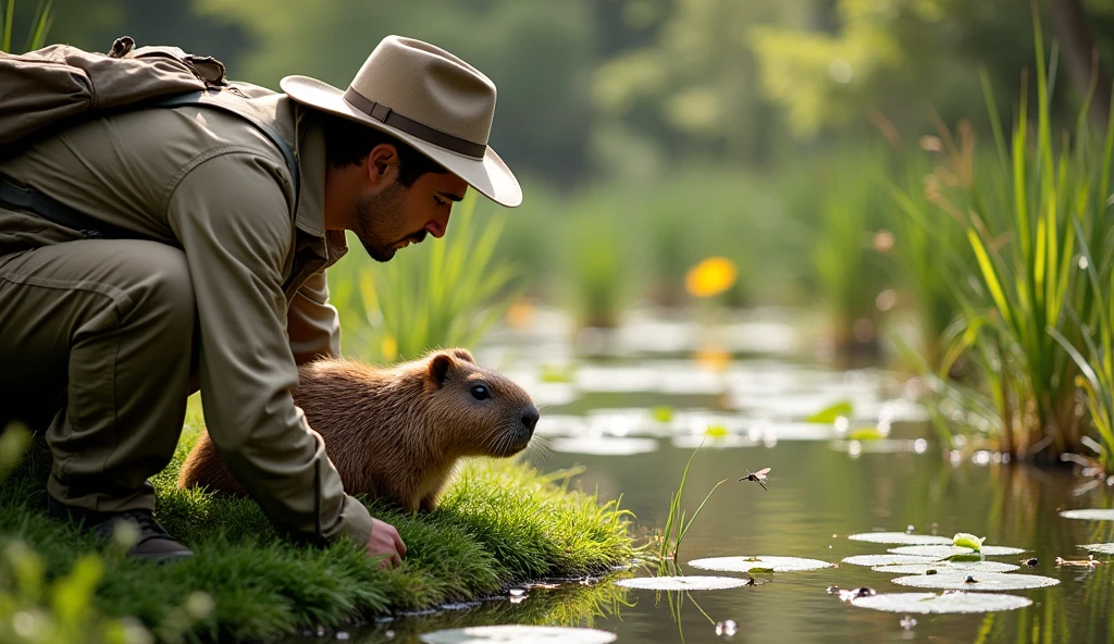 a biologist examining a capybara on the left side of the image