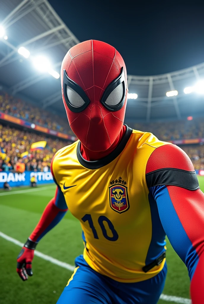 Photo of Spiderman wearing the Colombian team shirt taken with a Go Pro camera in a stadium
