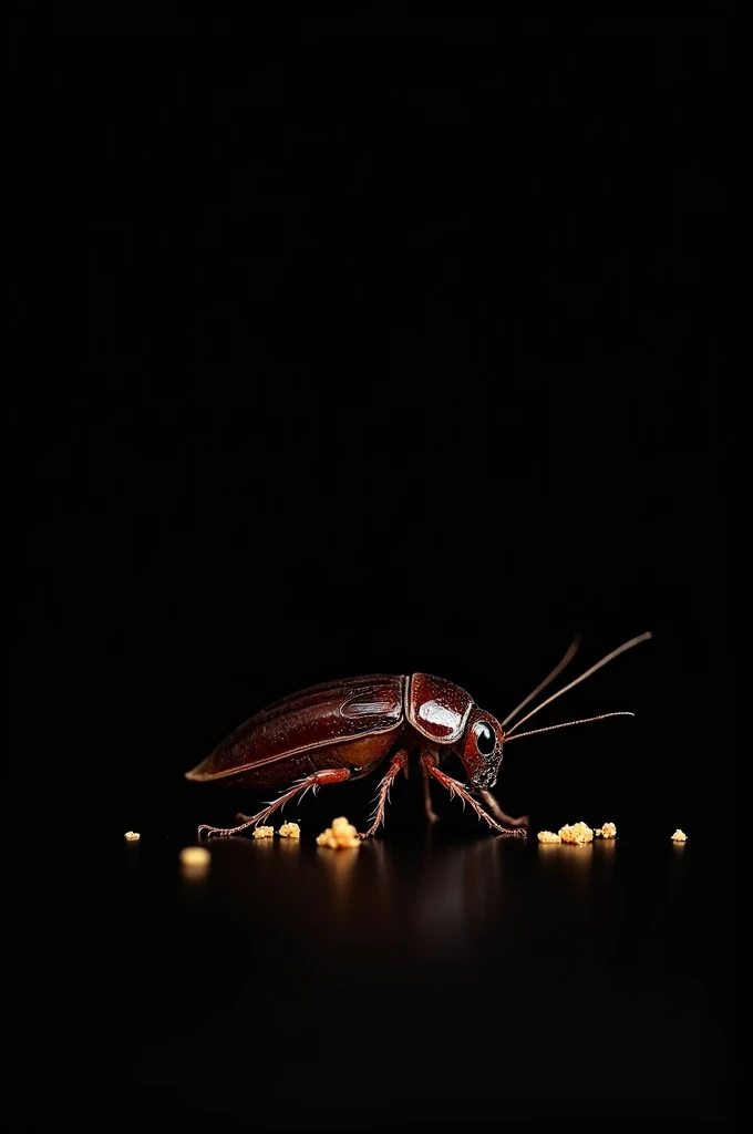 Cockroach eating, black background