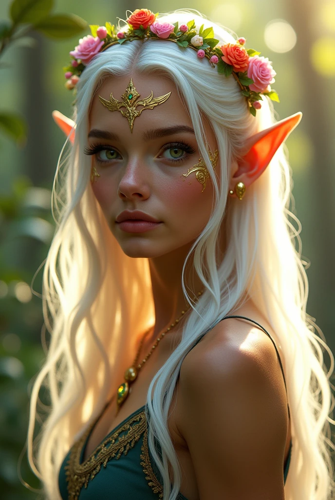 ((best quality))) (((HD))) (((8k))) (character) 20-year-old girl, ((adventurous)) elf, ((beautiful)) and ((happy)), ((white hair)) and ((long hair)) very close up on face, gold tribal marks on face, wearing crown of flowers, gold septum peircing, gold earrings, tip of ear pierced. ((Enchanting))