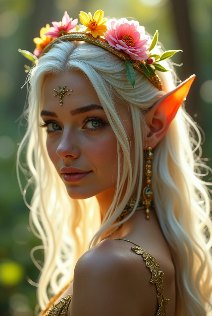 ((best quality))) (((HD))) (((8k))) (character) 20-year-old girl, ((adventurous)) elf, ((beautiful)) and ((happy)), ((white hair)) and ((long hair)) very close up on face, gold tribal marks on face, wearing crown of flowers, gold septum peircing, gold earrings, tip of ear pierced.  ((Enchanting))