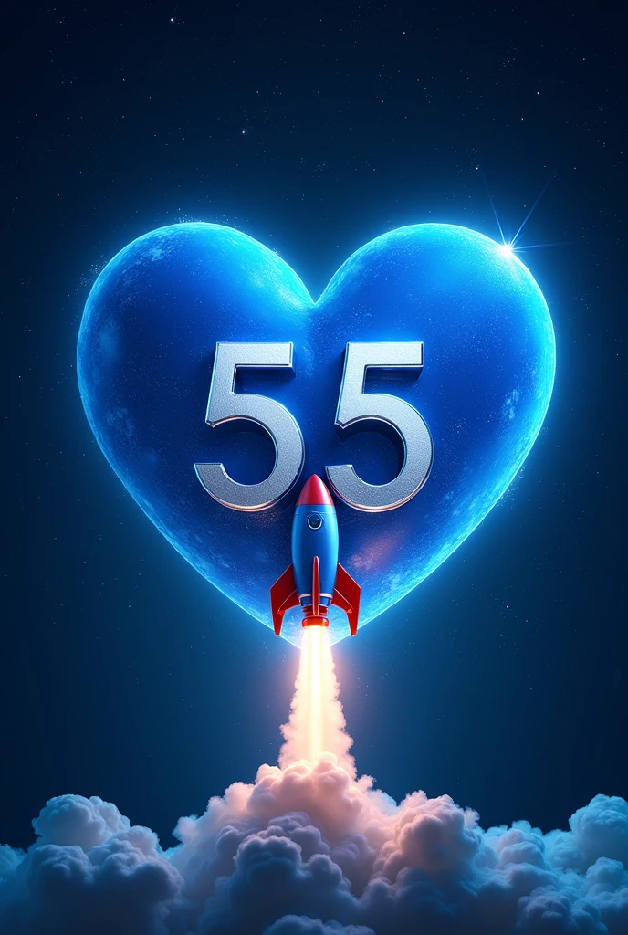 A blue heart with the number 55 in the middle the blue rocket with red