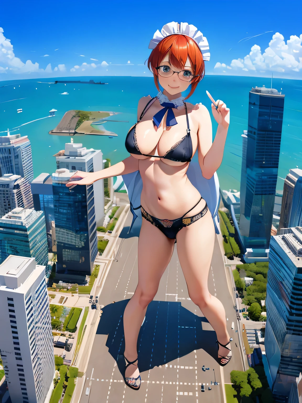 multiple girls, 3girls, standing, giantess art, highly detailed giantess shot, giantess, most detailed, perfect face, two legs, five fingers, short hair, beautiful girl bigger than a skyscraper, wearing rimless glasses, smiling, huge breasts, underwear, maid bikini, stiletto heels, under heavy attack, seaside metropolis, ocean, numerous miniature warships on the sea, very small metropolis, miniature metropolis, full body depiction, GTS, giga giantess gigagts,, trampling city, crush city, tiny city, micro city, high resolution, best quality, masterpiece,