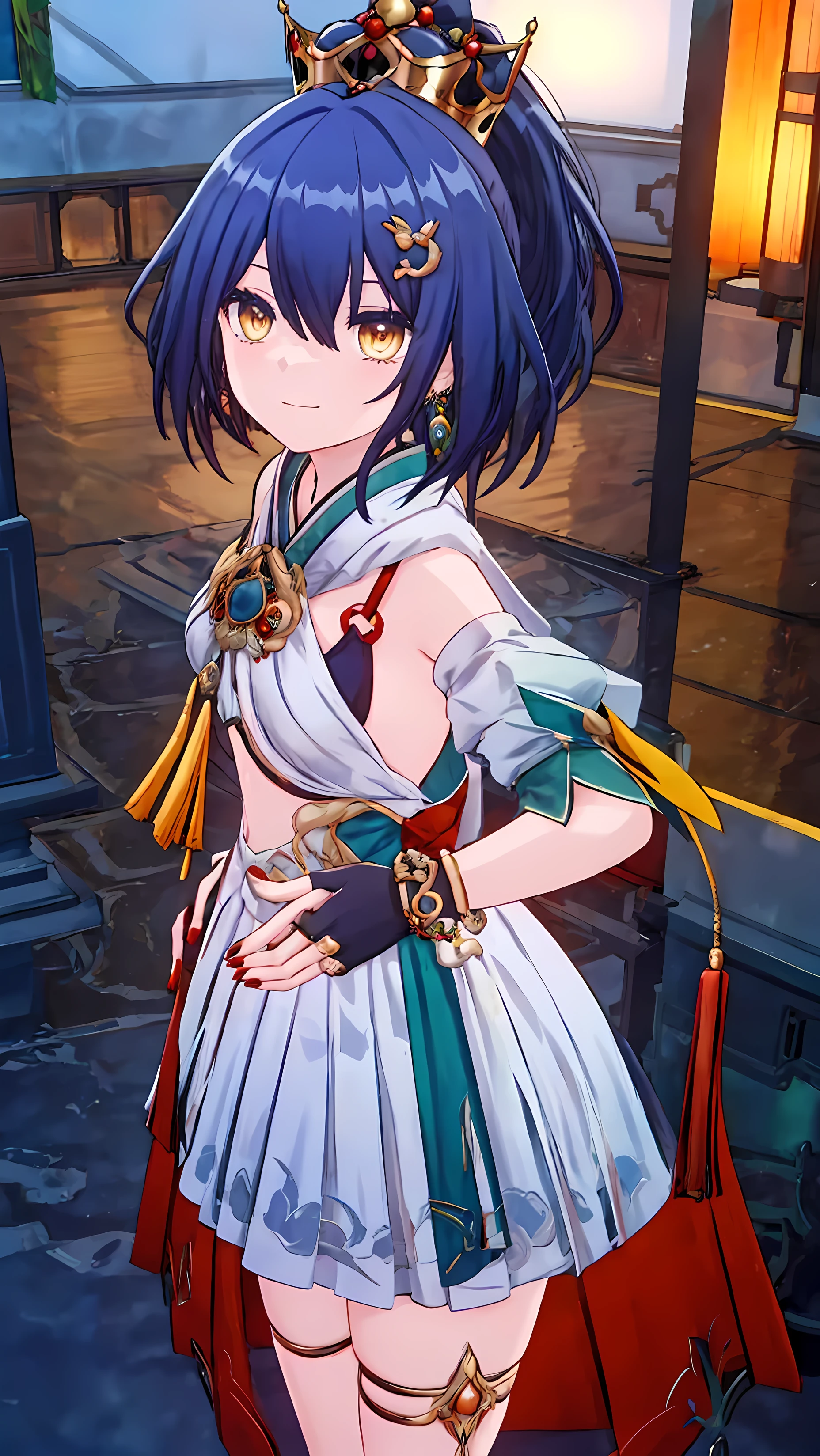 hsr_YL,short hair with long locks,yellow eyes,hair between eyes,hair ornament,ponytail,low ponytail,dark blue hair,double ponytail,crown
BREAK ロングのshort hair,Yellow Eyes,Eyebrow hair,hair ornaments,ponytail,Low ponytail,Navy Hair,Double ponytail,Single ear piercing,bracelet,gloves,
BREAK チャイナドレス,Chinese clothes,anklet,crown,Red fringe,No sleeve,No sleeveのチャイナドレス, No sleeveのドレス, Red nails磨き,  ジュエリー
BREAK 裸の肩,bangs,Closed Mouth,Smile,Earrings,short hair,Red nails,
BREAK 小さい胸,Short sleeve,No shoes,barefoot,Detachable sleeves,Red tassel,Thighs straps,
BREAK outdoors, 
BREAK looking at viewer, (Cowboy Shot:1.5), smile, Thighs, sexly,
BREAK (masterpiece:1.2), Highest quality, High resolution, unity 8k wallpaper, (figure:0.8), (Beautiful fine grain:1.6), Highly detailed face, Perfect lighting, Highly detailed CG, (Perfect hands, Perfect Anatomy), 
BREAK ((masterpiece,Highest quality)), Super detailed, Shine, shine, Ray Tracing, (Perfect Face, Detailed face, Fine grain, Perfect hands, Perfect Fingers:1.5), HD, Super cute face, Highest quality, Super detailed,
BREAK Shine目, (highest quality realistic illustrations), (Super fine), (Cute illustrations:1.3), (High chroma:1.3),, Beautiful detailed face and eyes, Dynamic lighting, (Very delicate and beautiful), 
BREAK (Nice hands), (Perfect hands:1.4), Highly detailed illustration, Super cute and beautiful, Highest quality, Slender, ,Baby Face,

