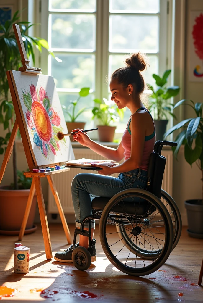 A person not having legs drawing on a canvas