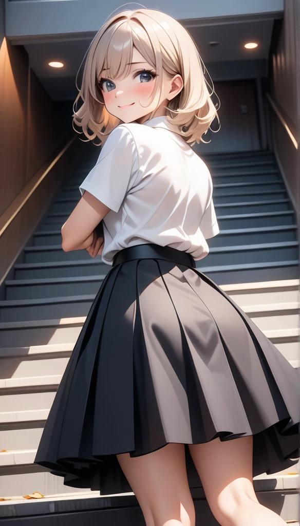 High school girl climbing the stairs, alone, Attractive mature appearance, Turn your back and look at me, (Hold down a mid-length skirt with both hands:1.5, So that underwear is not visible), Detailed and accurate, Blake, a lovely look of disgust., Mischievous Smile, blush, (Low angle shot:1.4), ARW, Cute embarrassment, Hold down the skirt, , ai-generated