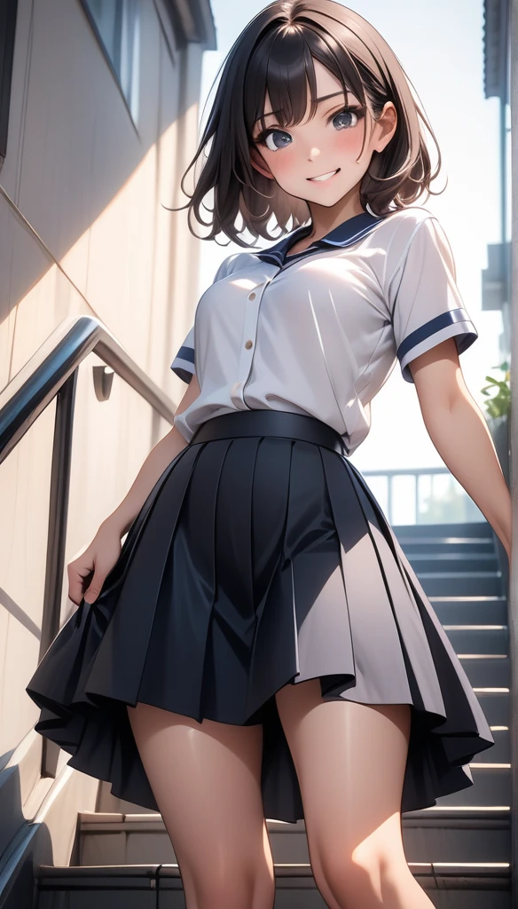 High school girl climbing the stairs, alone, Attractive mature appearance, Turn your back and look at me, (Hold down a mid-length skirt with both hands:1.5, So that underwear is not visible), Detailed and accurate, Blake, a lovely look of disgust., Mischievous Smile, blush, (Low angle shot:1.4), ARW, Cute embarrassment, Hold down the skirt, , ai-generated