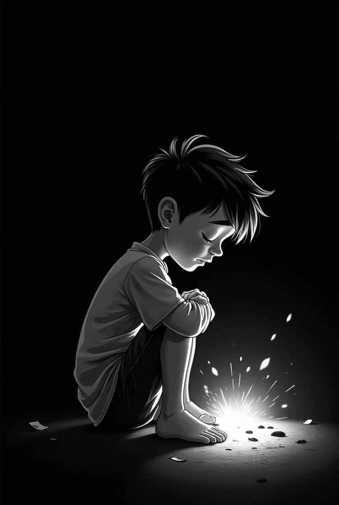 The boy is a cartoon. The color of the boy is white and black.The boy has a breakup.The color of the boy is white and black. a glowing.The boy is sitting.background is pure black.
I need your girl glowing.