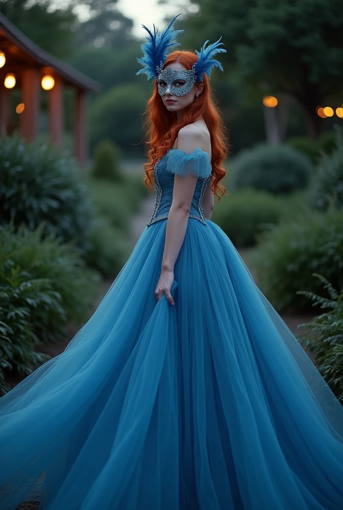 Redhead woman in long blue dress and mask ,fully body