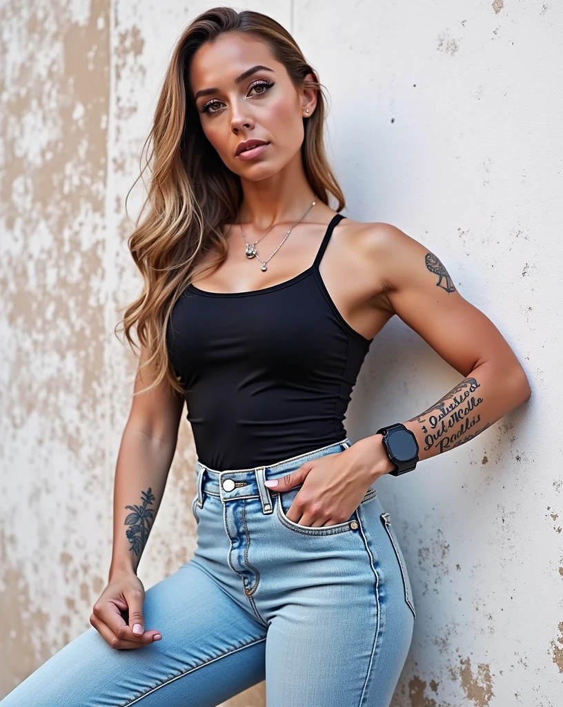 a woman wearing a black fitness overall, athletic pose, detailed face, beautiful eyes, full lips, flawless skin, strong muscular body, dynamic movement, urban city landscape background, cinematic lighting, vibrant colors, photorealistic, 8k, hyper-detailed, perfect skin details, left arm tattooed, denim shorts