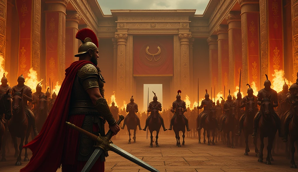 biblical history: the Ammonites prepared for war. with many horses and men with swords ready to attack gathered in the palace