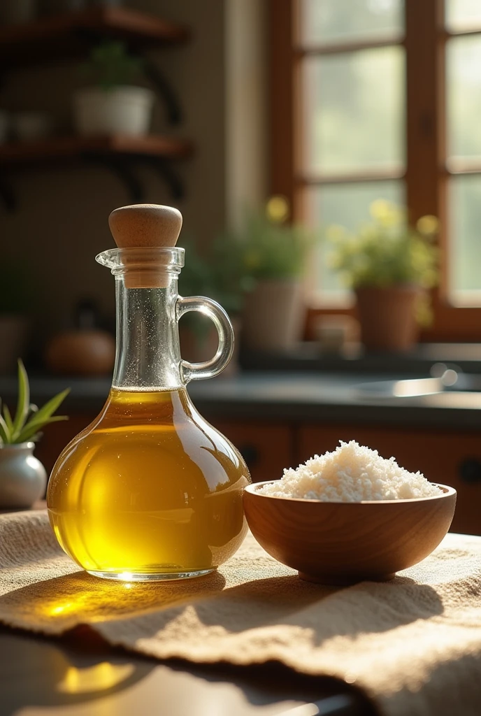 cree moi une photo de sucre et huile d'olive en mode paysage 800x600