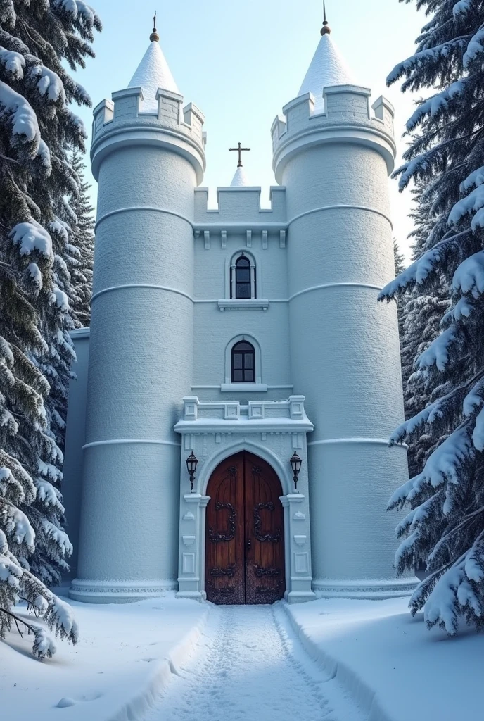 I need an ice castle, the castle is tall and majestic, in the middle of snow-covered trees.
the castle is made of white bricks that appear in some places of the castle, as if it were purposeful and aesthetic, but overall, It is a beautiful castle that brings calm at the same time as fear. The castle door is large and made of dark wood., It seems that it can only be opened from the inside