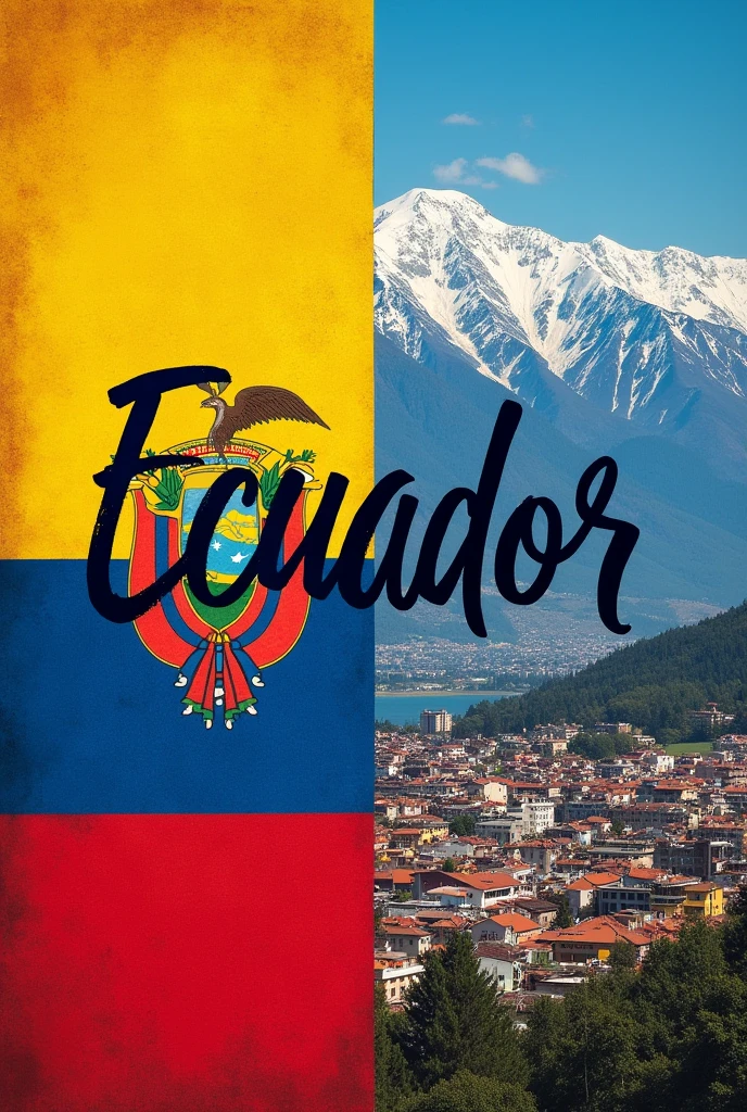 Collage with the flag of Ecuador on one side with the name of Ecuador.
The other half a collage with the Ecuadorian mountain range, snowy peaks and the city of ecuador