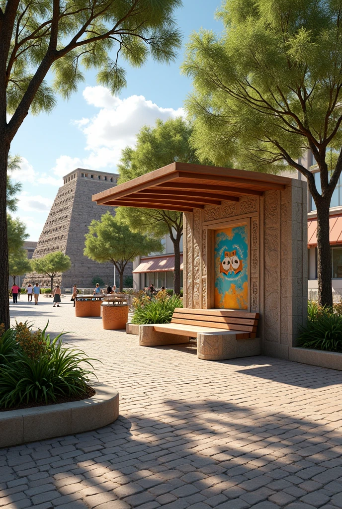 CREATE A PUBLIC BENCH TAKING AS A REFERENCE THE ACAPANA PARAMIDE, INCREASE TRASH CANS AND SOMETHING TO COVER THE SUN, LOCATED IN A TOWN