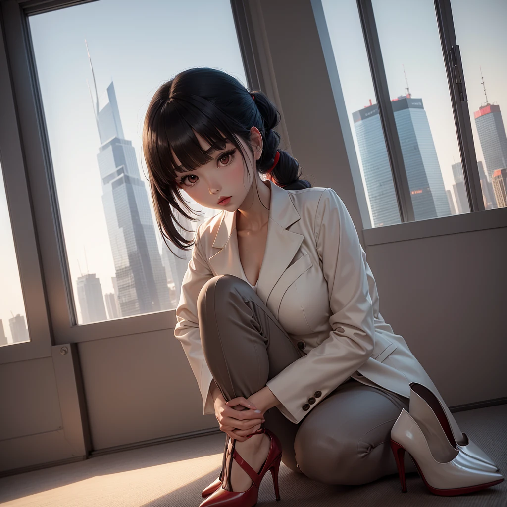 Anime girl in tuxedo suite, ankle high pants, high heels, red lipstick, long pony tail hair, japanese style bangs cut. in skyscaper tower. Background- room's corner should be in middle, right side of background- luxury bet, beige mattress, gray wall white light. Left side of background- window, window outside scene- other skyscrapers, building e.g. time- night