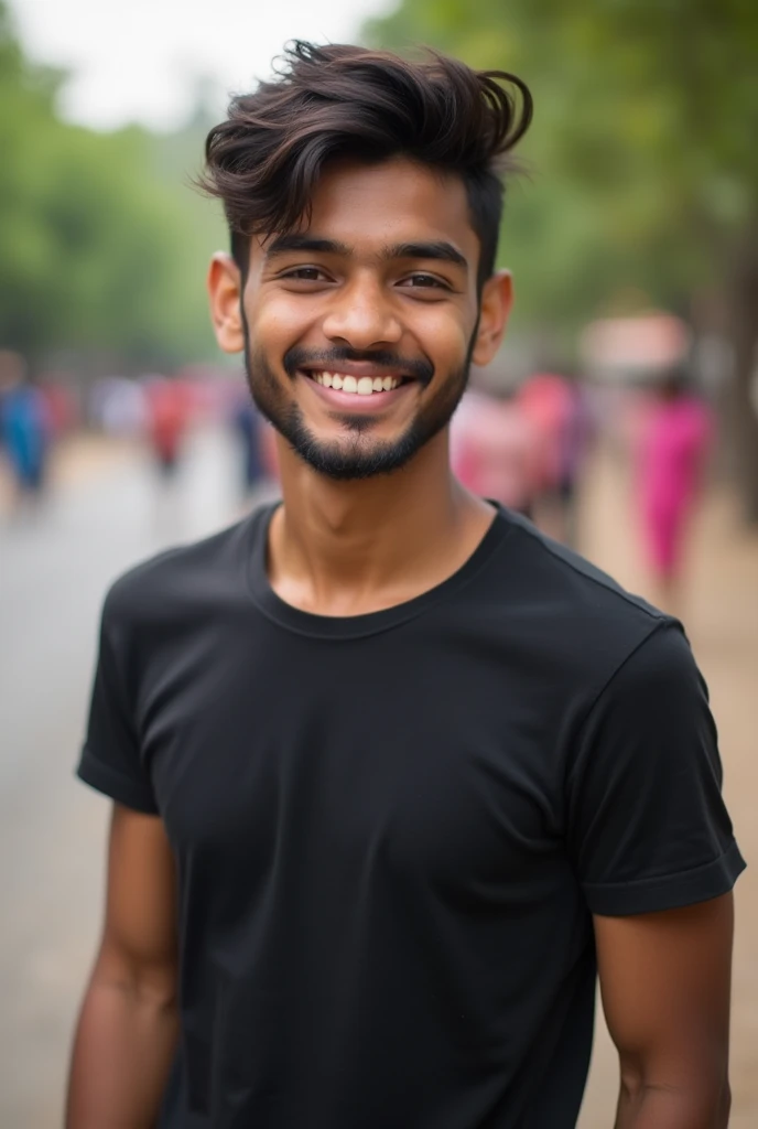 A cute 19 years old indian boy , little beard , taking selfie , rough dry face skin   , black tshirt  