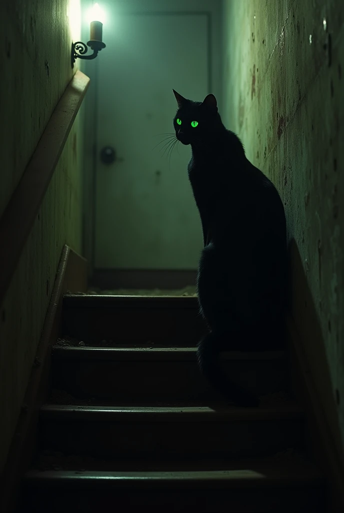 A black cat sitting looking down the creepy scary hallway